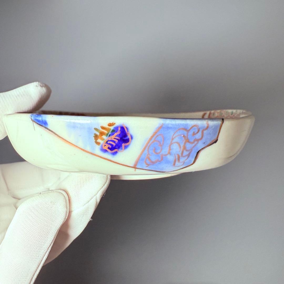 幕末～明治期　角冨　色絵扇絵変形皿　五客　裏千鳥文　金襴手　古器を楽しむ