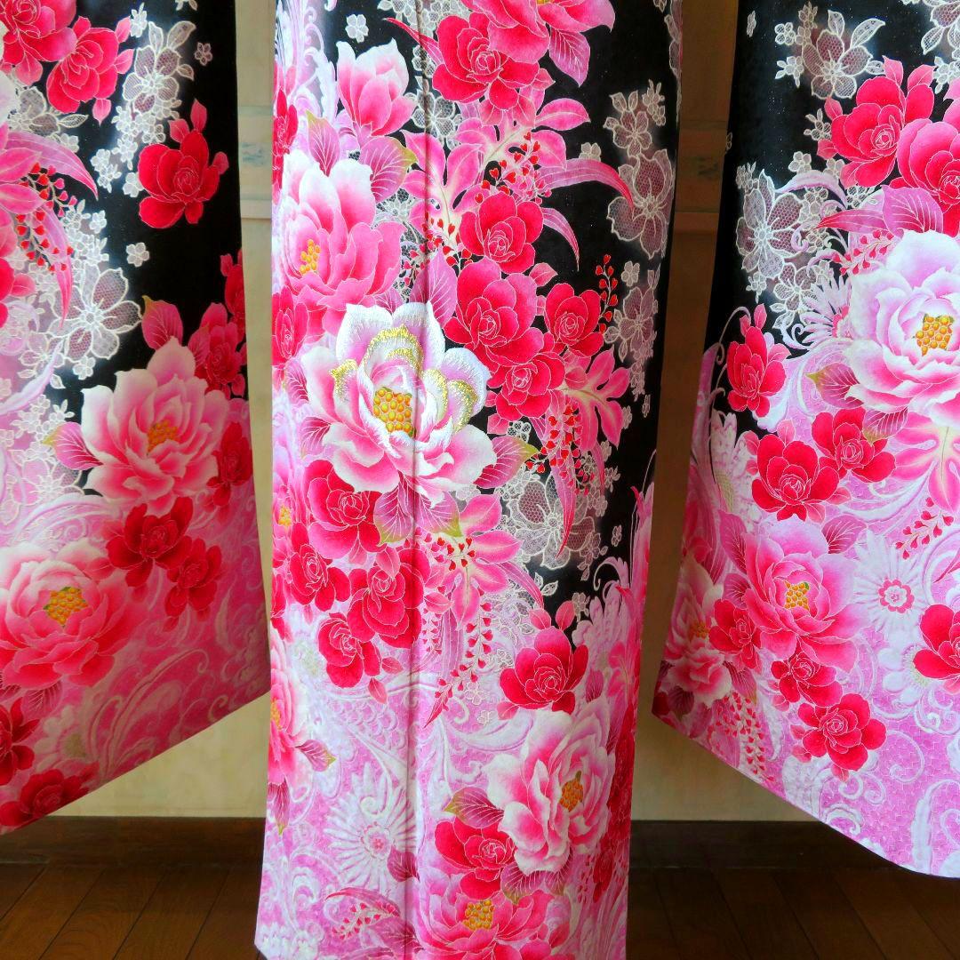 5008　振袖　単品　成人式　結婚式　卒業式　黒　正絹　バラ
