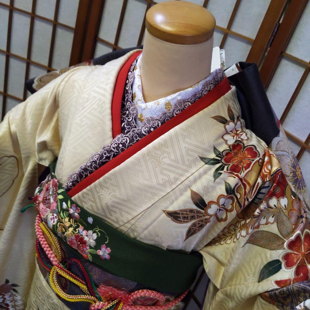 456 アイボリー　古典柄　正絹振袖7点フルセット　成人式卒業式謝恩会結婚式