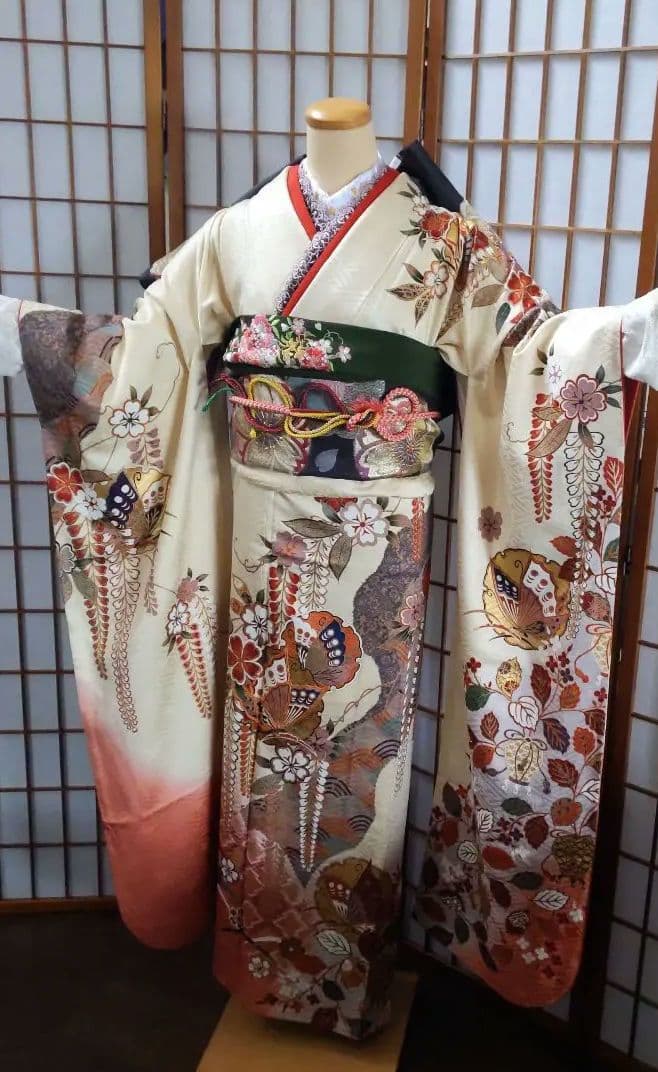 456 アイボリー　古典柄　正絹振袖7点フルセット　成人式卒業式謝恩会結婚式