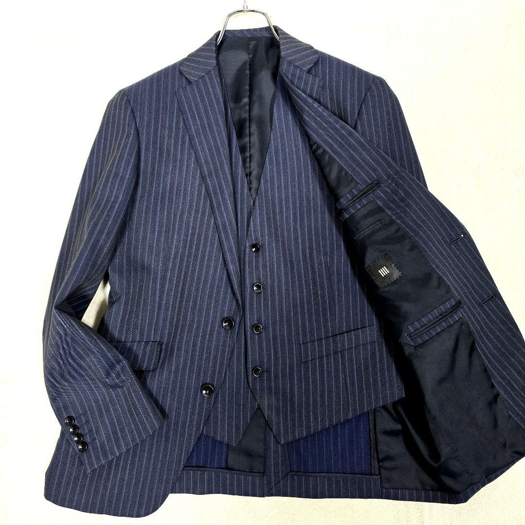 スーツセレクト 3ピース ビジネススーツセットアップ ストライプ ネイビー A6