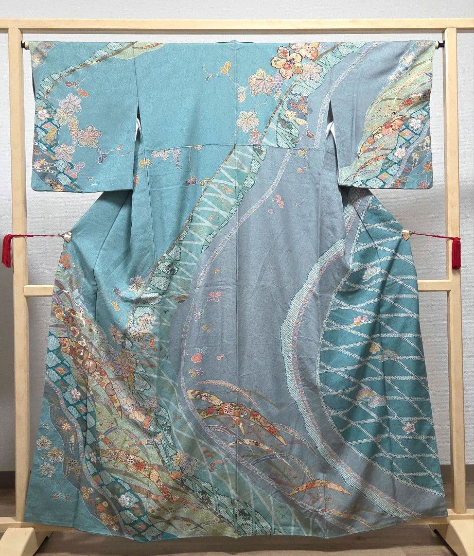 C◆着物くつろぎ 吉祥文様 金彩 宝尽し 雪輪 露草 袷 正絹 訪問着 着物