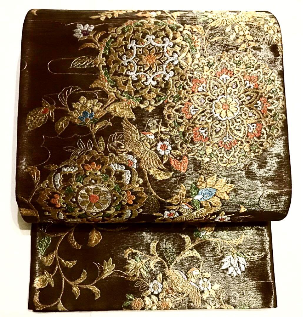 正絹 袋帯 金糸 豪華♡刺繍 華紋 花喰い鳥 花唐草