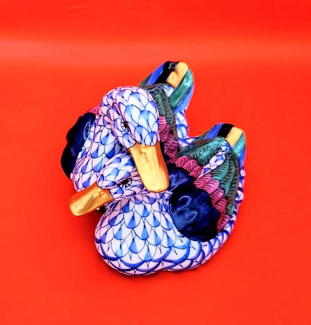 berusaヘレンド【美品・箱入り】フィッシュネットブルー〘2羽のアヒル〙