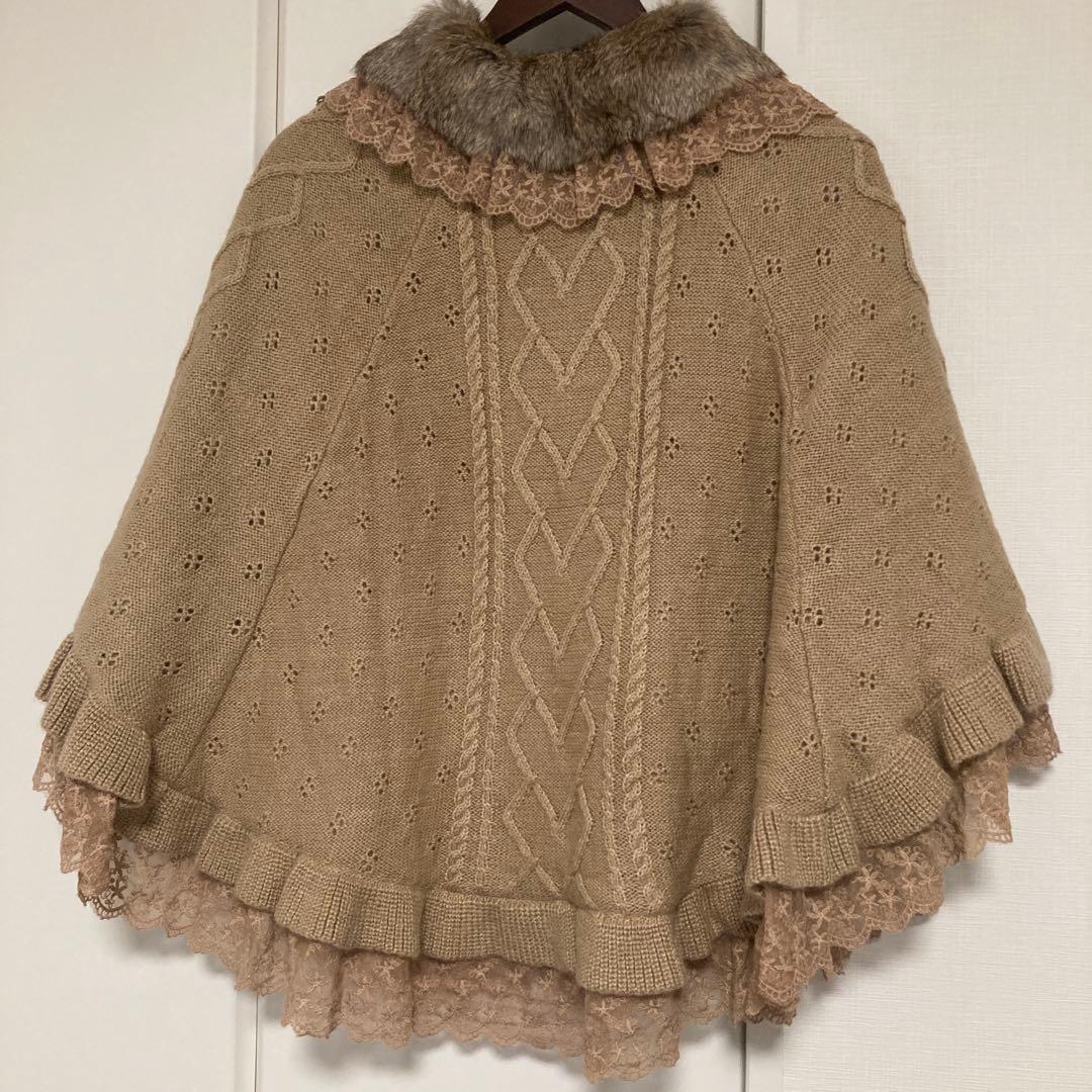 【超美品】ピンクハウス ラビットファー・レース付きケープポンチョ ベージュ❁⃘*.
