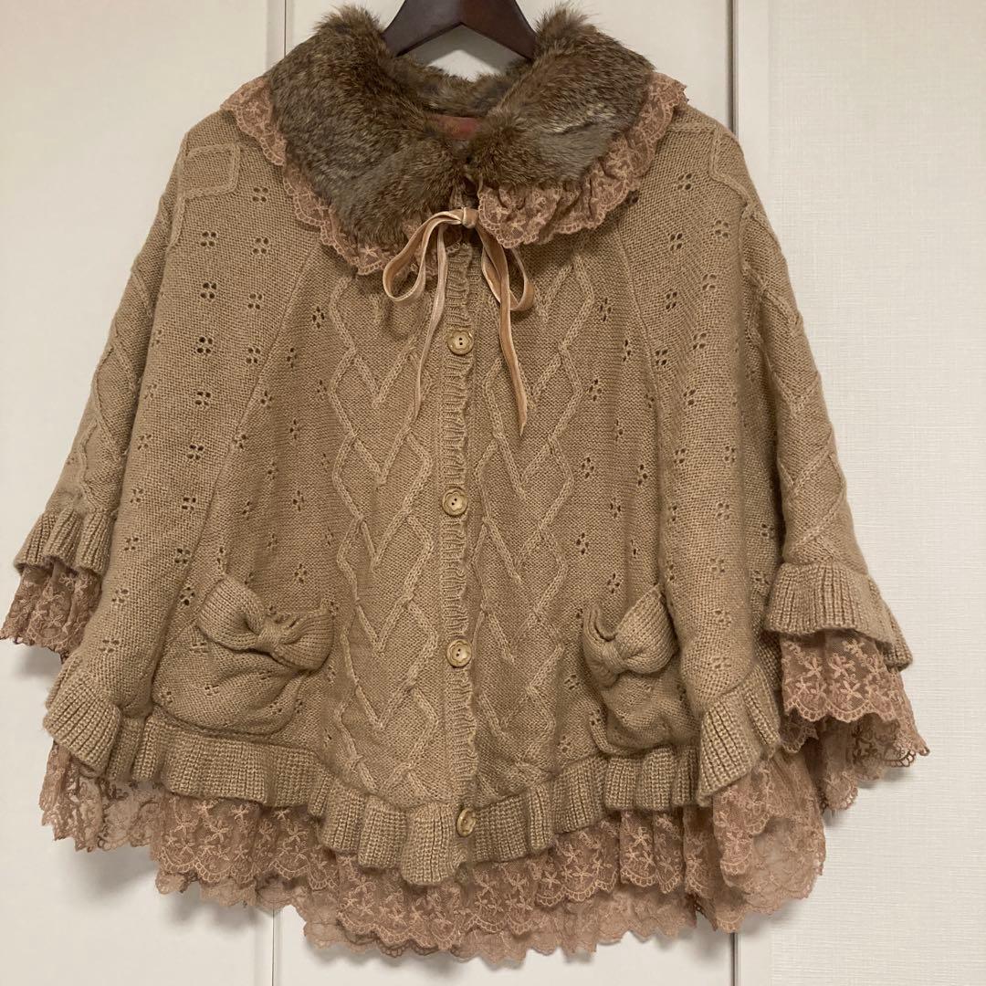 【超美品】ピンクハウス ラビットファー・レース付きケープポンチョ ベージュ❁⃘*.