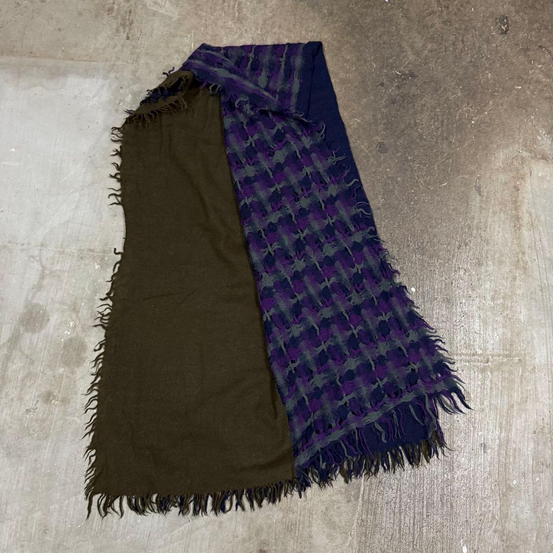 y's ダブル　レイヤード　ストール　ショール　ウール　チェック　ブラウン