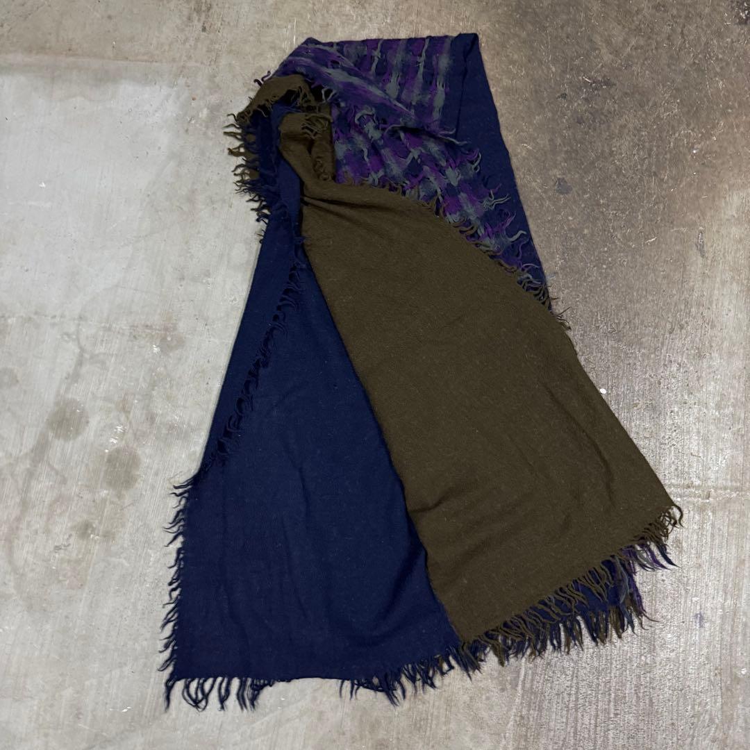 y's ダブル　レイヤード　ストール　ショール　ウール　チェック　ブラウン