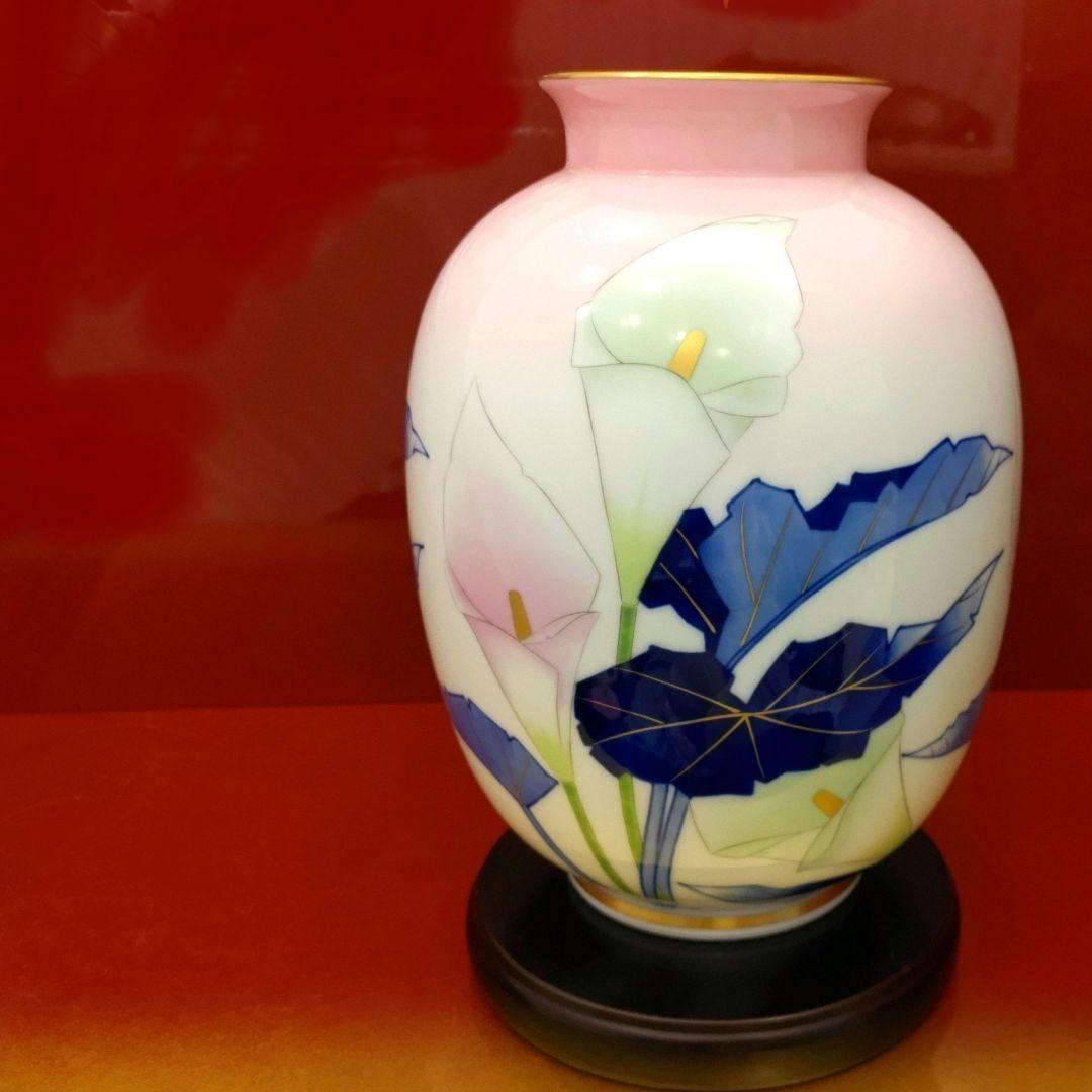 香蘭社　花瓶　花器　染錦金彩カラーリリー　瑠璃ピンクグリーンぼかし　希少品