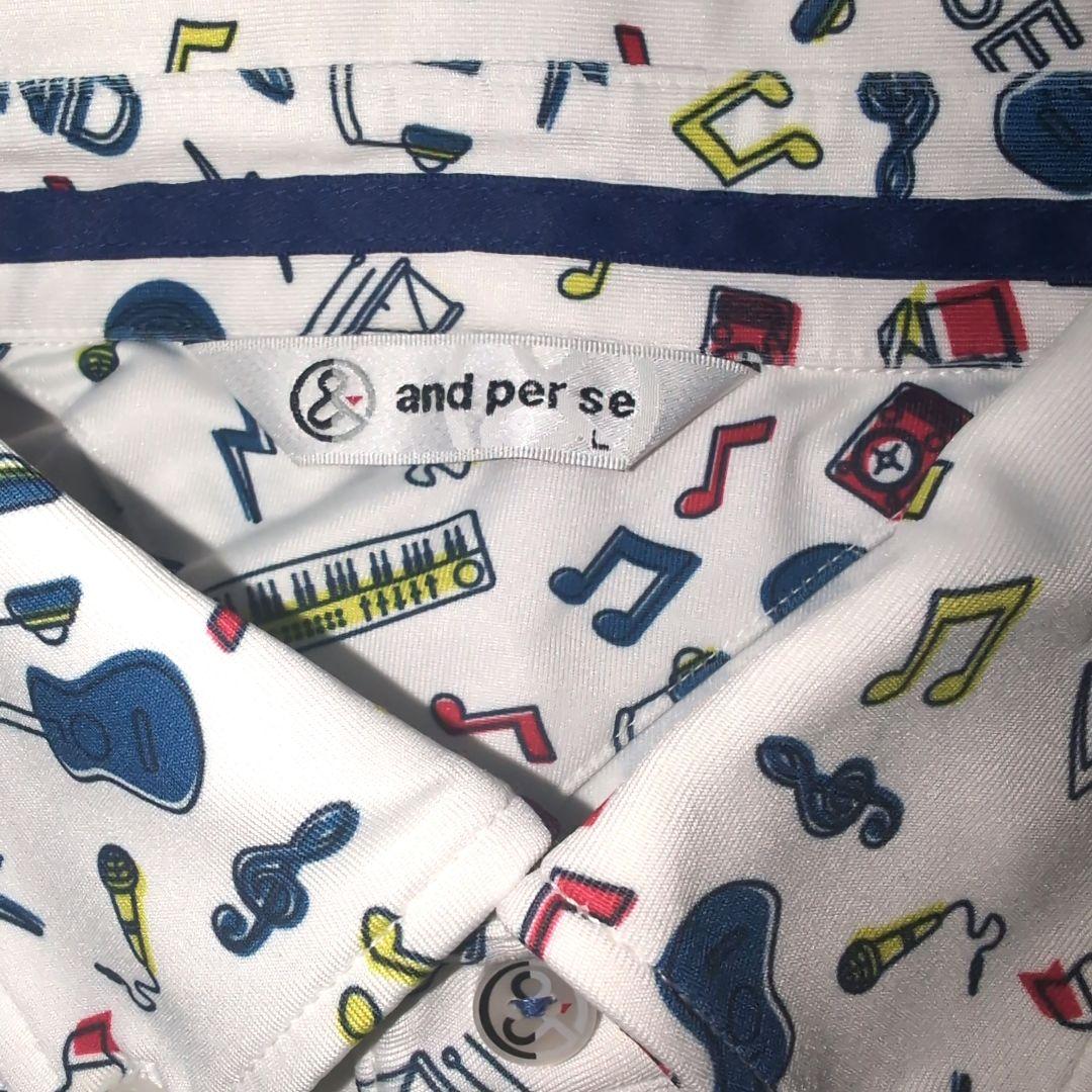 新品タグ付 アンパスィ ゴルフ 長袖 ポロシャツ 楽器柄 総柄 ホワイト L