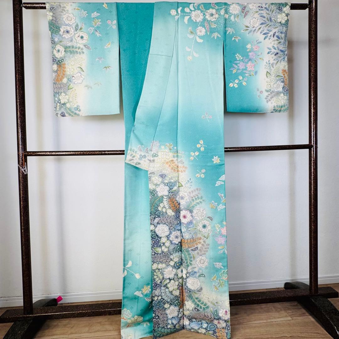 超美品　正絹　袷　広襟　訪問着　167裄66 エメラルド　吉野一廉　落款　辻ヶ花