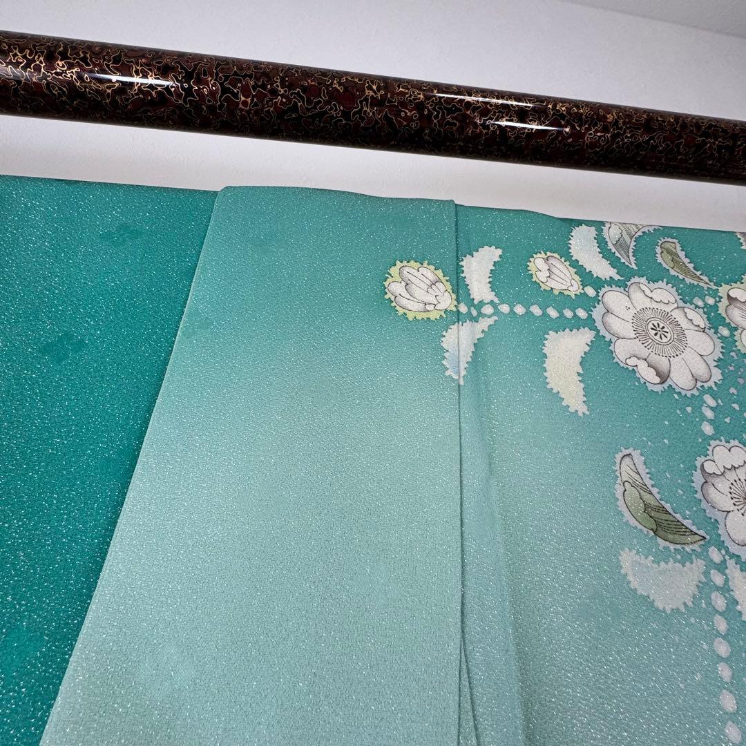 超美品　正絹　袷　広襟　訪問着　167裄66 エメラルド　吉野一廉　落款　辻ヶ花