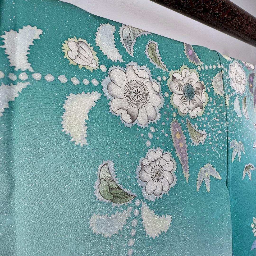 超美品　正絹　袷　広襟　訪問着　167裄66 エメラルド　吉野一廉　落款　辻ヶ花