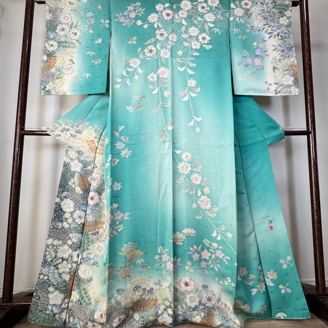 超美品　正絹　袷　広襟　訪問着　167裄66 エメラルド　吉野一廉　落款　辻ヶ花