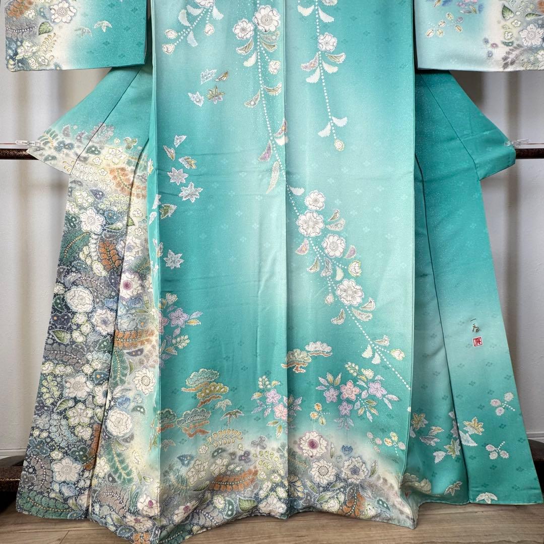 超美品　正絹　袷　広襟　訪問着　167裄66 エメラルド　吉野一廉　落款　辻ヶ花