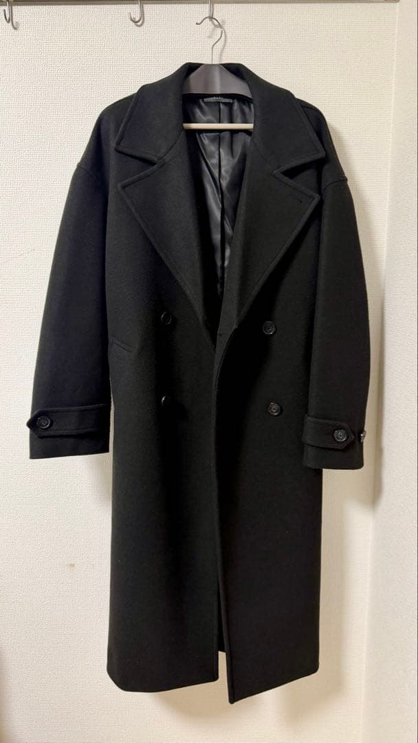 CLEL テックメルトン ルーズ ダブルチェスターコート ブラック S