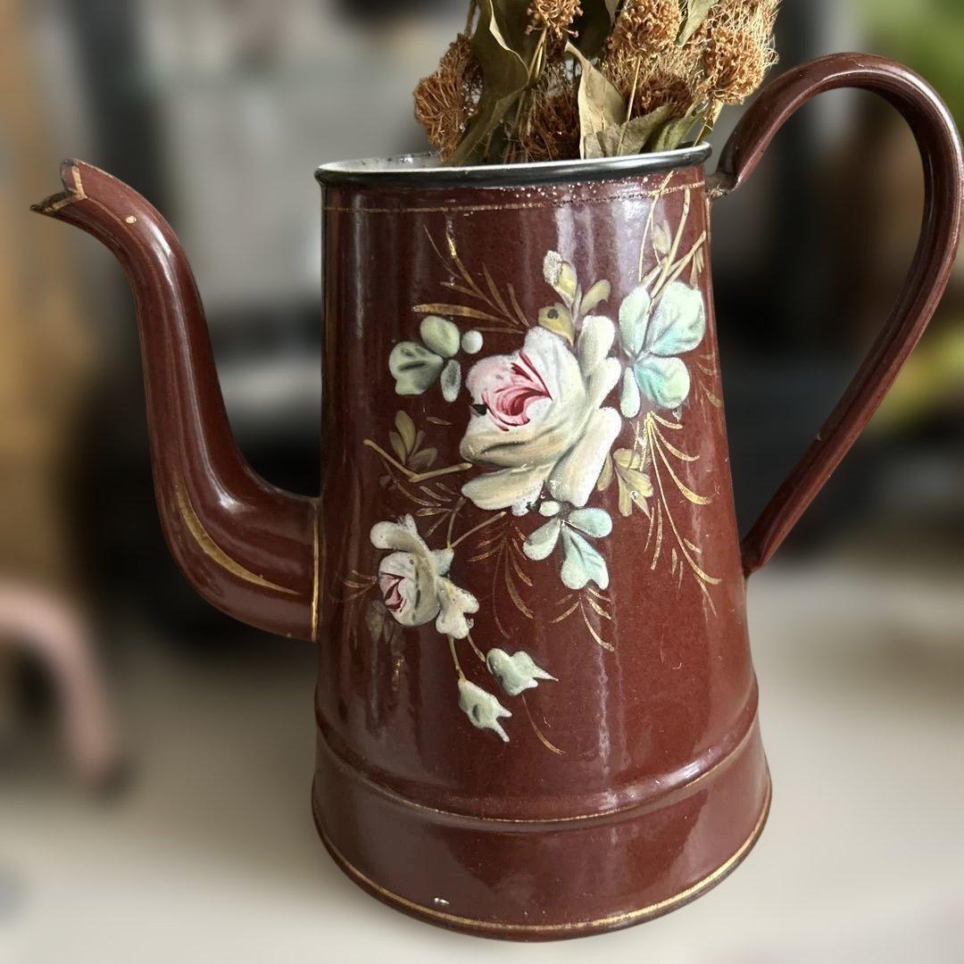 フランスイギリスアンティークホーローポット琺瑯ホウロウ手描き手書きエナメル茶色