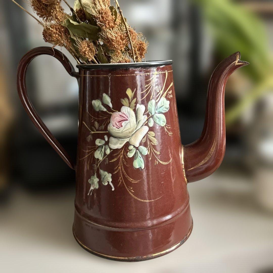 フランスイギリスアンティークホーローポット琺瑯ホウロウ手描き手書きエナメル茶色