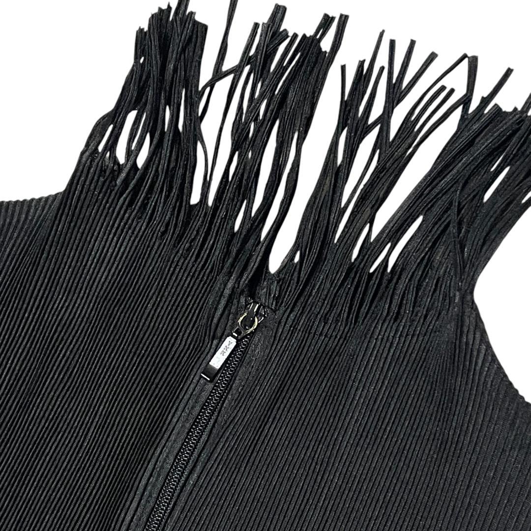 【美品】プリーツプリーズ 長袖 ジップ ワンピース 3 フリンジ 黒 ブラック