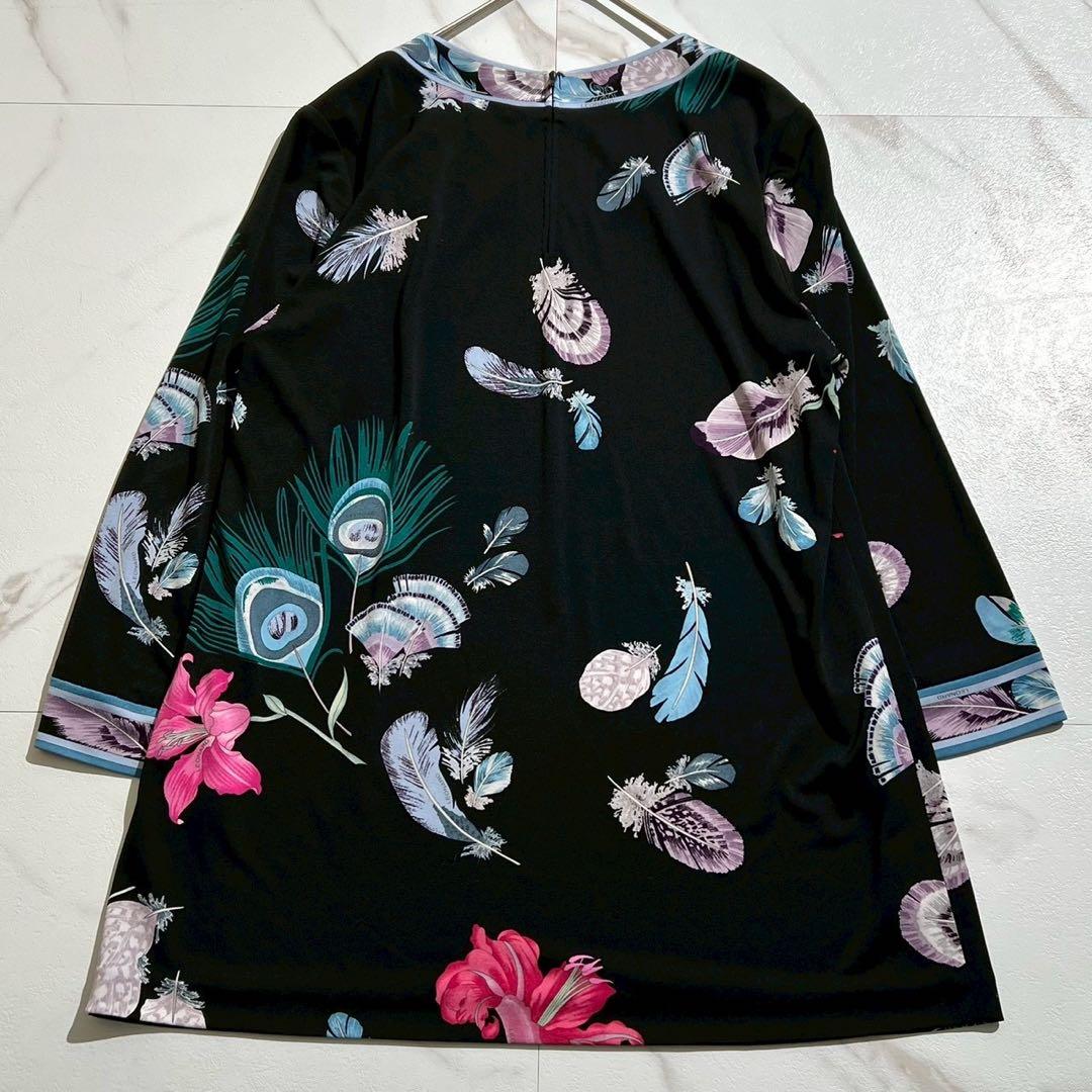 極美品✨レオナール カンカン素材 チュニック フェザー柄 花柄 ブラック 40
