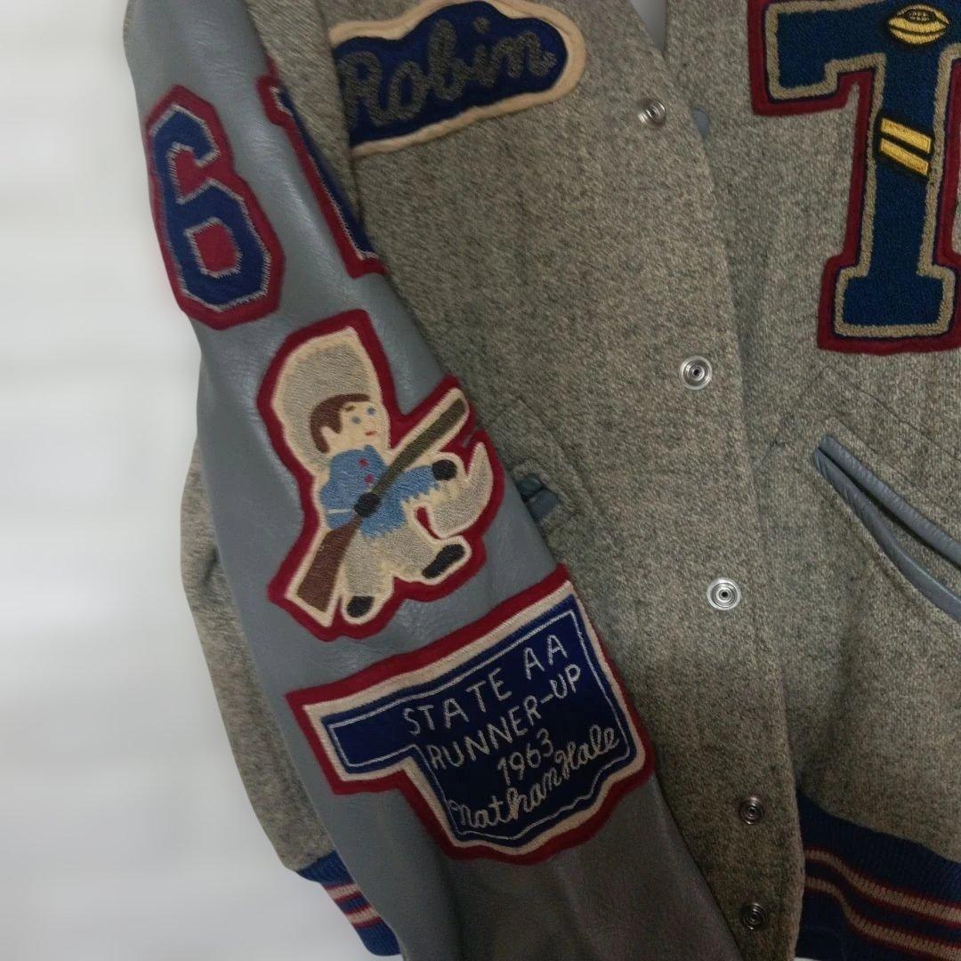 Bodies WARER HOUSEビンテージスタジャン 革袖グレー/青