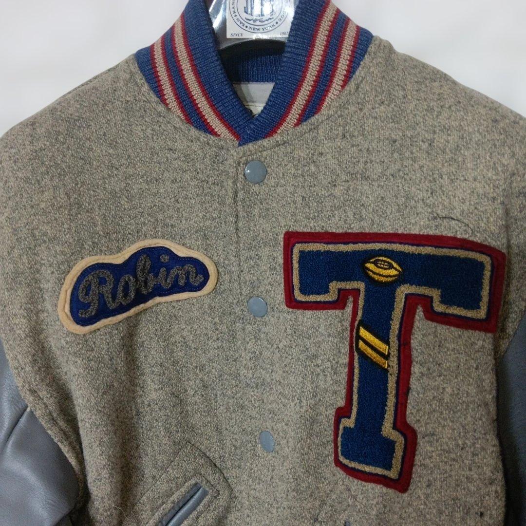 Bodies WARER HOUSEビンテージスタジャン 革袖グレー/青