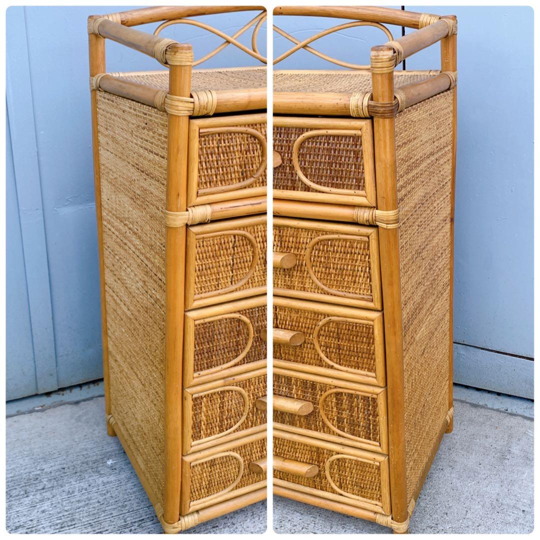 【送料込】ビンテージ バンブーラタンチェスト 籐家具 5段 引出し6杯 収納家具