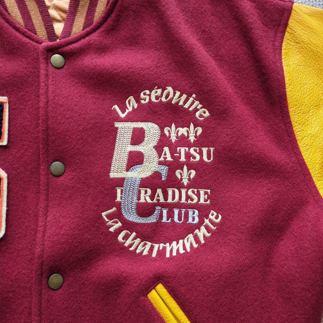 90sヴィンテージunknownスタジャンメルトン袖本革両面刺繍短丈バイカラーL