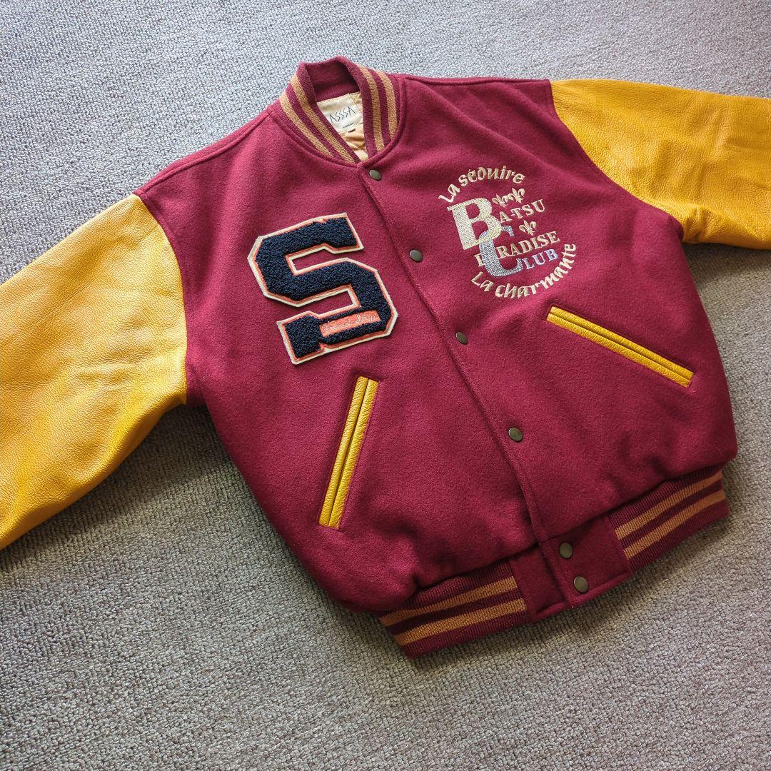 90sヴィンテージunknownスタジャンメルトン袖本革両面刺繍短丈バイカラーL