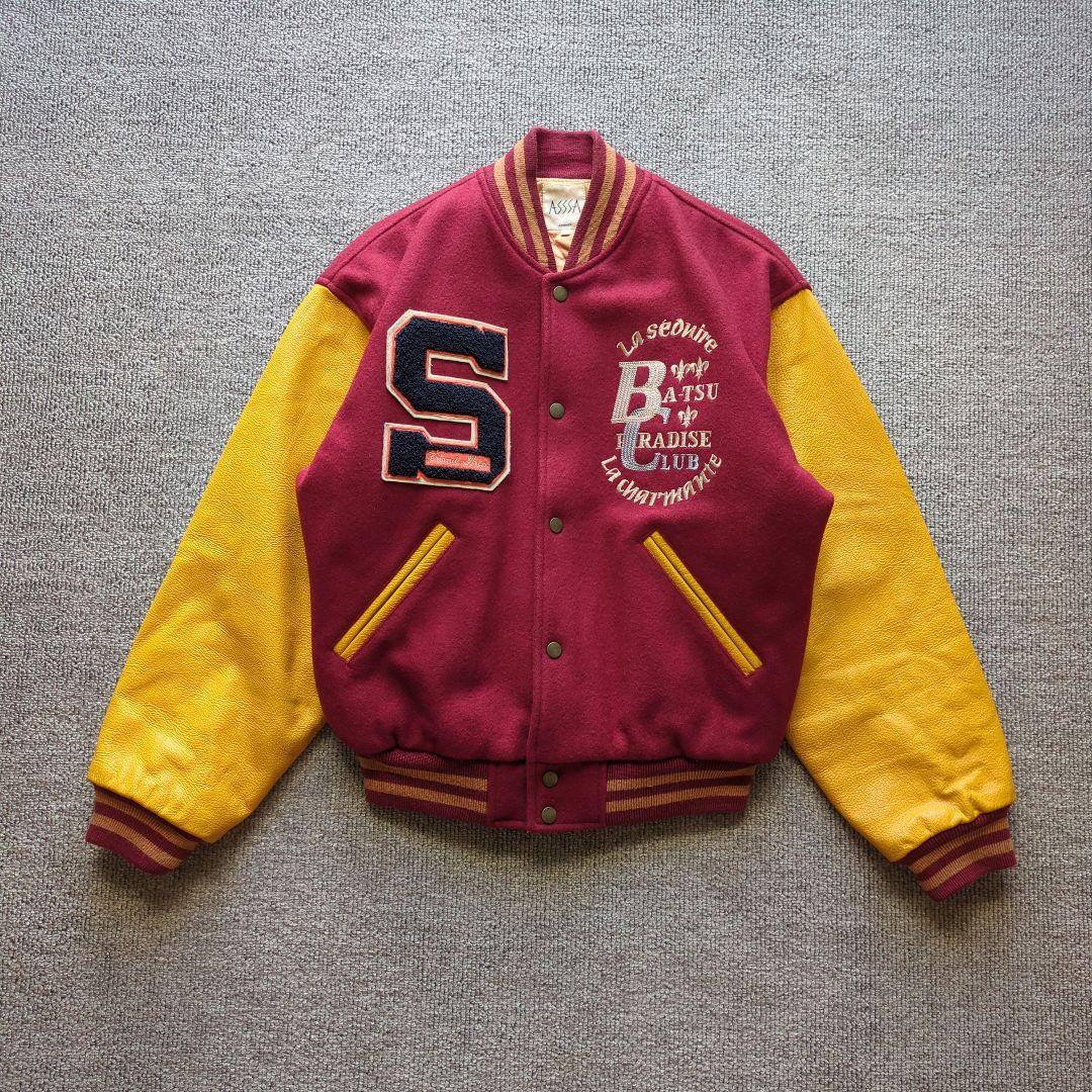 90sヴィンテージunknownスタジャンメルトン袖本革両面刺繍短丈バイカラーL