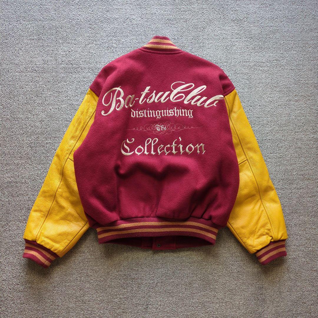 90sヴィンテージunknownスタジャンメルトン袖本革両面刺繍短丈バイカラーL