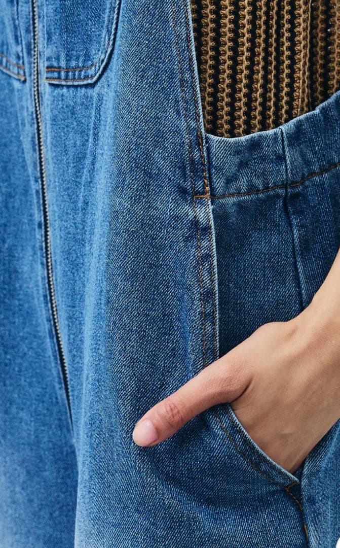 【IAMALPHA】フロントジップストラップデザインデニムサロペット