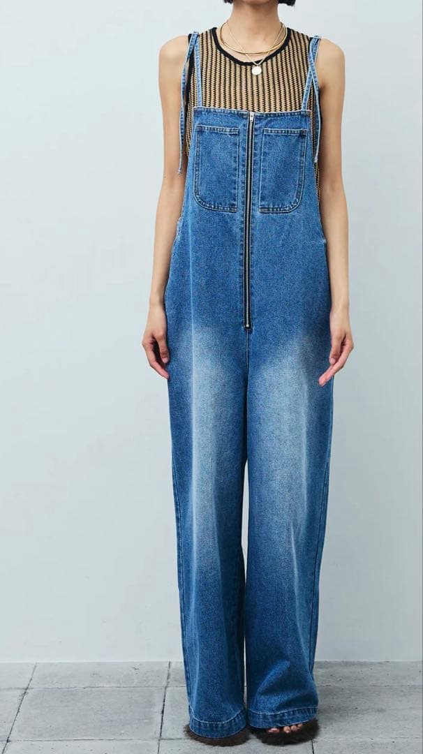 【IAMALPHA】フロントジップストラップデザインデニムサロペット