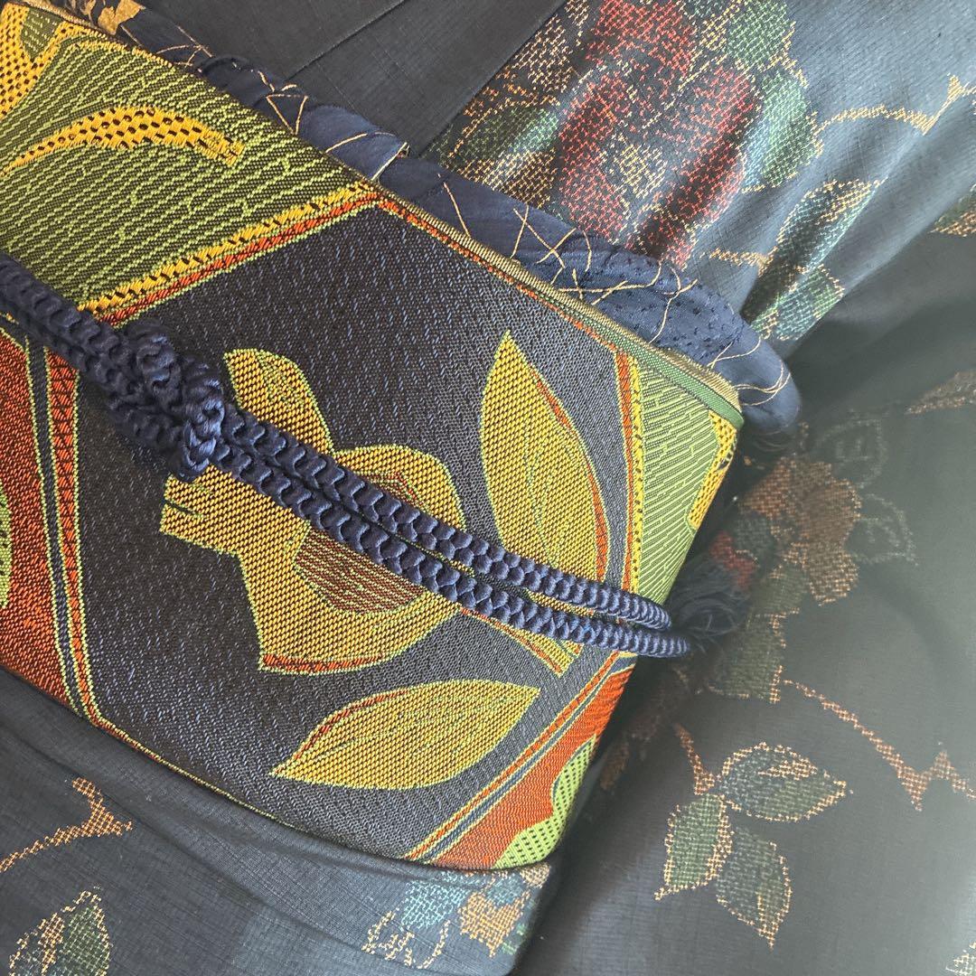 小紋　フルセット　着物　紬　正絹　紺色　大人花紬　G7