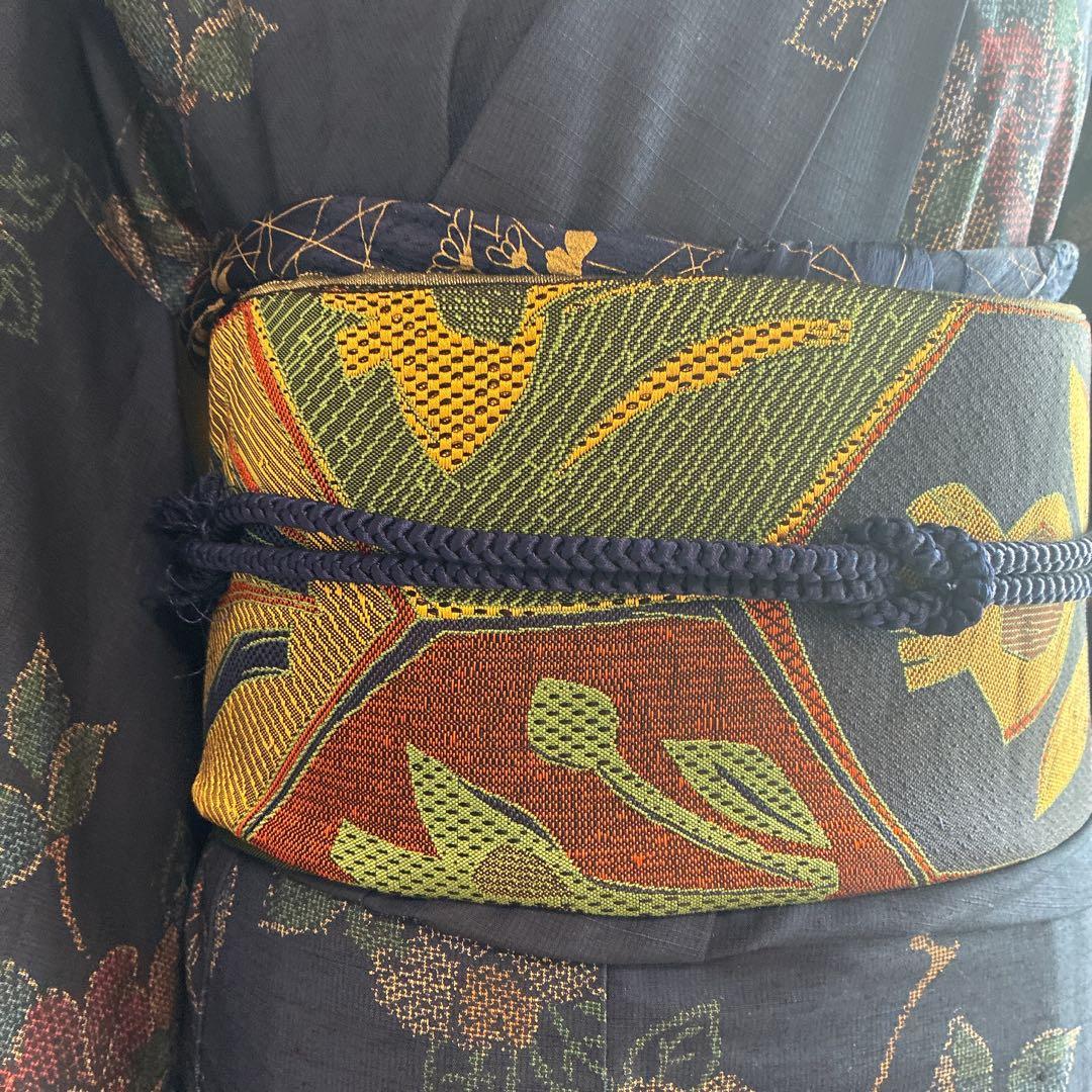 小紋　フルセット　着物　紬　正絹　紺色　大人花紬　G7