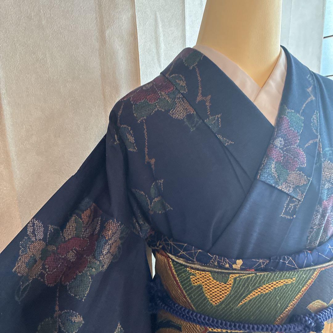 小紋　フルセット　着物　紬　正絹　紺色　大人花紬　G7