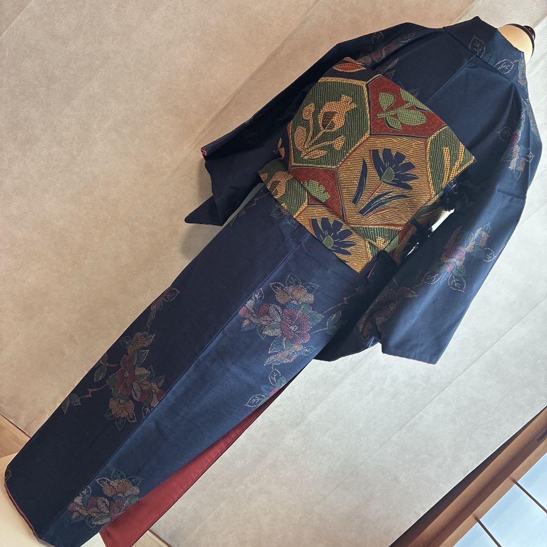 小紋　フルセット　着物　紬　正絹　紺色　大人花紬　G7