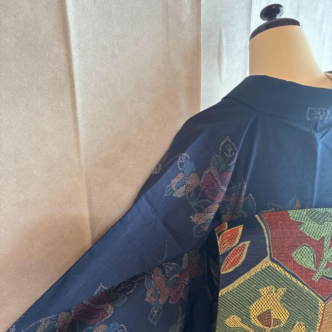 小紋　フルセット　着物　紬　正絹　紺色　大人花紬　G7