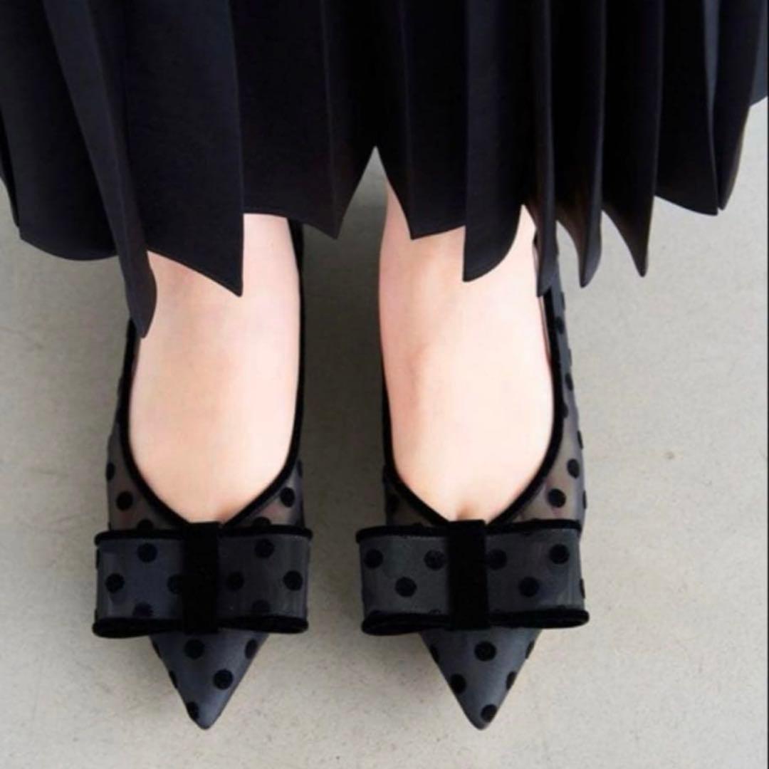 【新品未使用】ルタロン　チュール　リボン　フラット　ポインテッドトゥ　黒