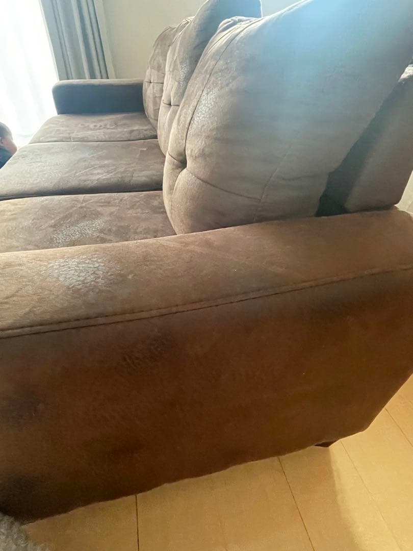 ブラウン 3人掛けソファ スエード調