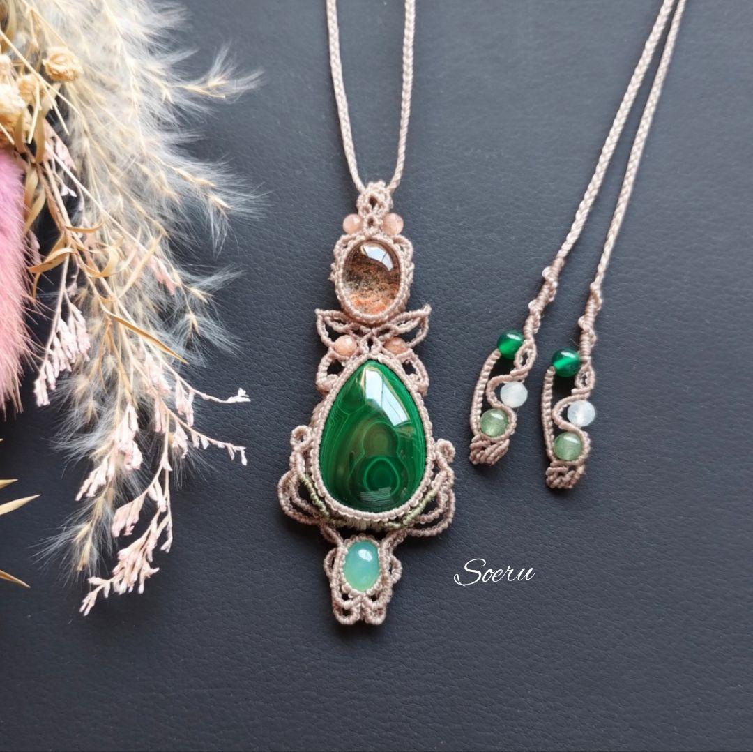 【ちーさん】マラカイト＆ガーデンクォーツのマクラメ編みネックレス他　天然石