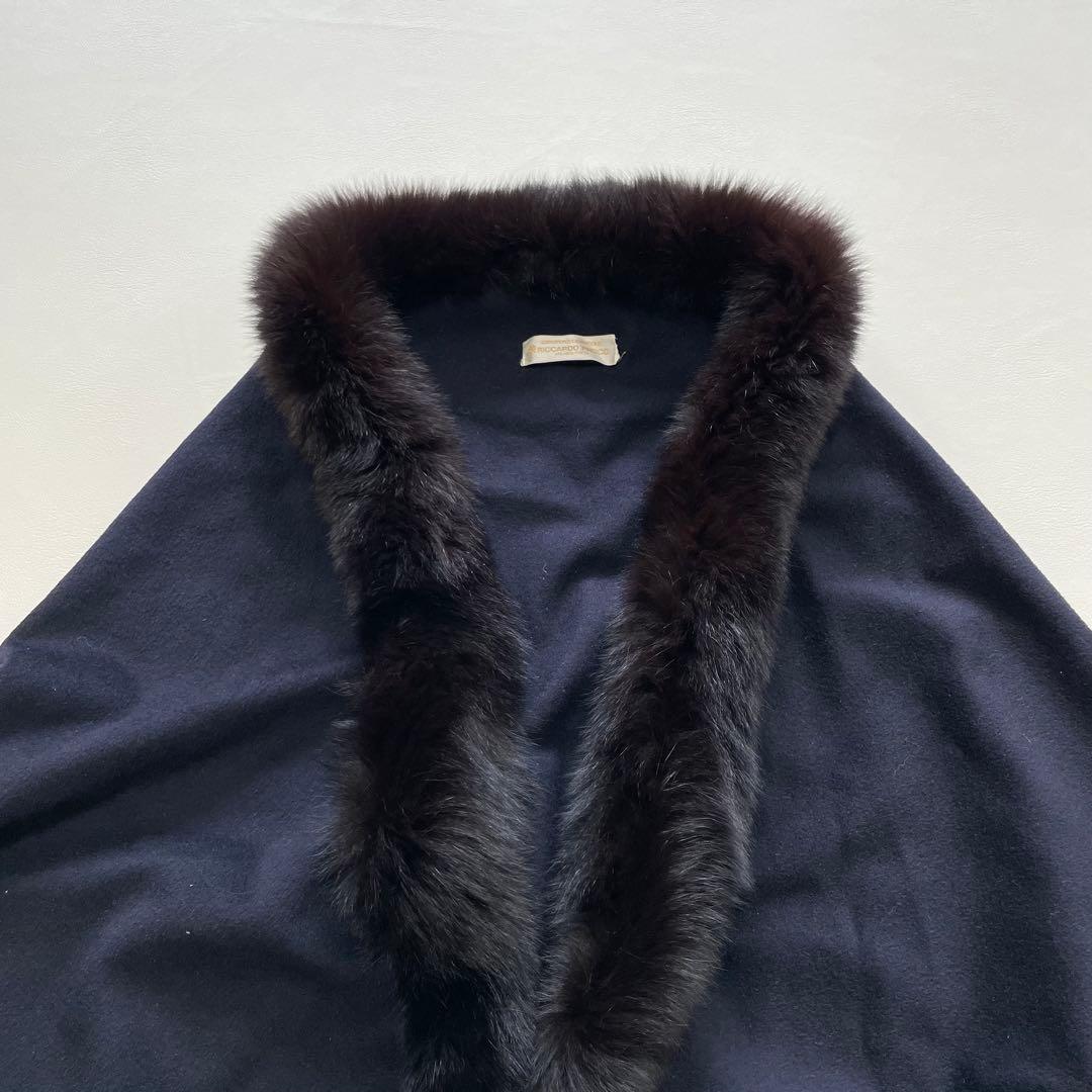 Riccardo Prisco ピュア カシミヤ ネイビー ファー付き ポンチョ