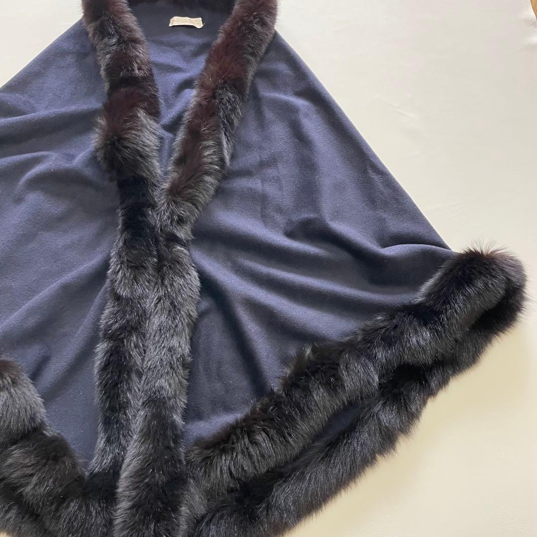 Riccardo Prisco ピュア カシミヤ ネイビー ファー付き ポンチョ