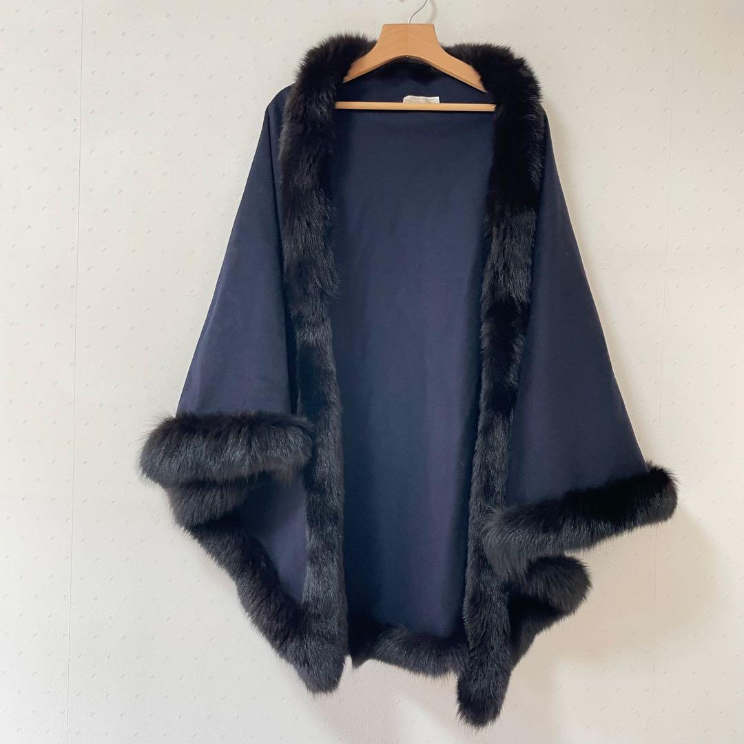 Riccardo Prisco ピュア カシミヤ ネイビー ファー付き ポンチョ