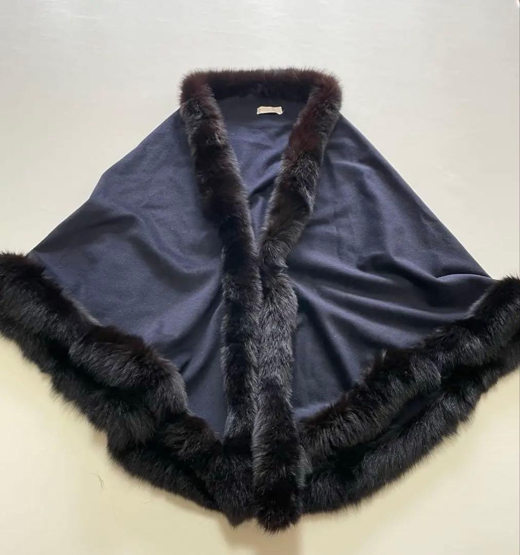 Riccardo Prisco ピュア カシミヤ ネイビー ファー付き ポンチョ