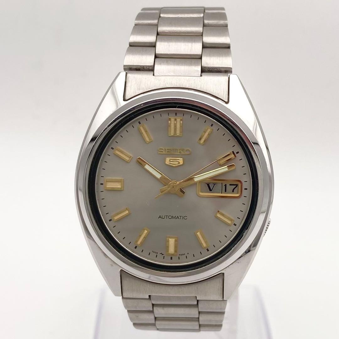 【稼働】SEIKO5 自動巻き 腕時計 デイデイト 美品 メンズ シルバー
