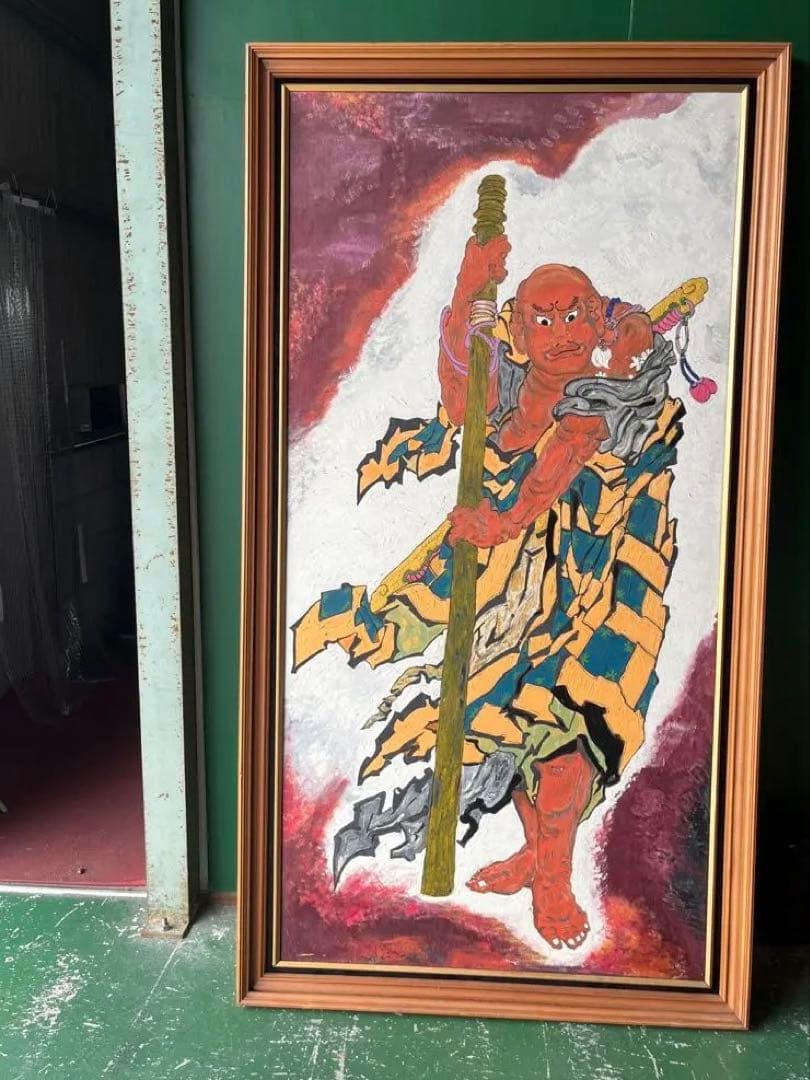 特大 196cm 仁王像 油絵 額縁 インテリア 縁起物 絵画