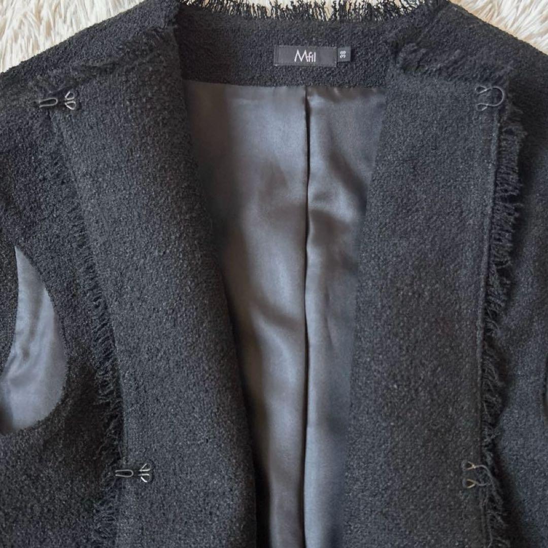 M.Fil エムフィル/ミカコナカムラ　ツイードフリンジロングジレブラック 38