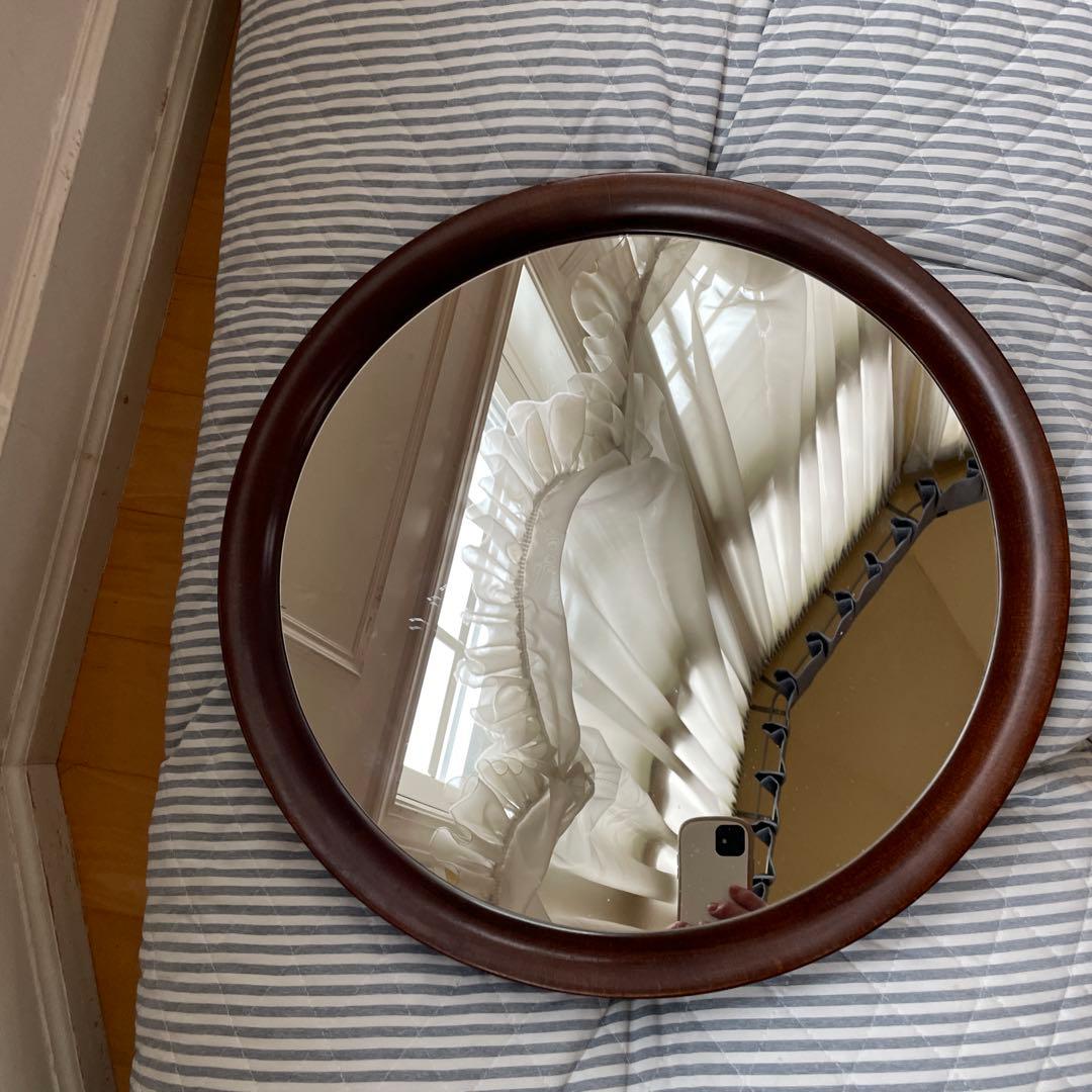 秋田木工 ウォールミラー 鏡丸型 古代色 レトロ ビンテージ大判47