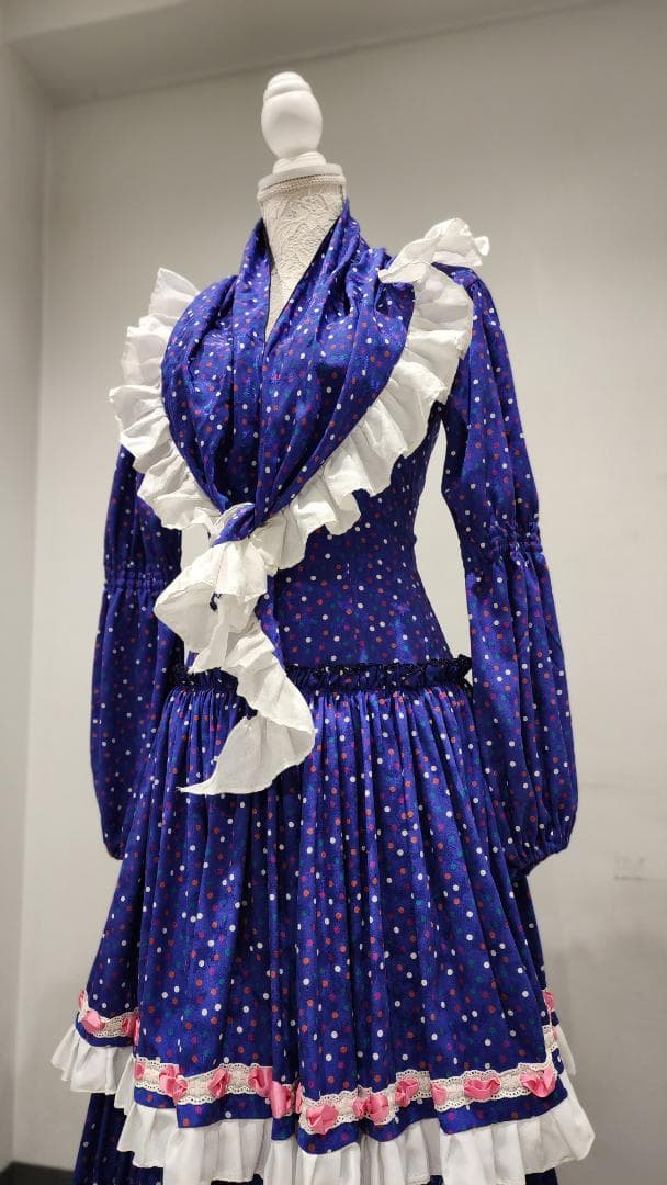 フラメンコドレス 青色 カラフル水玉　シージョ付き（中古）